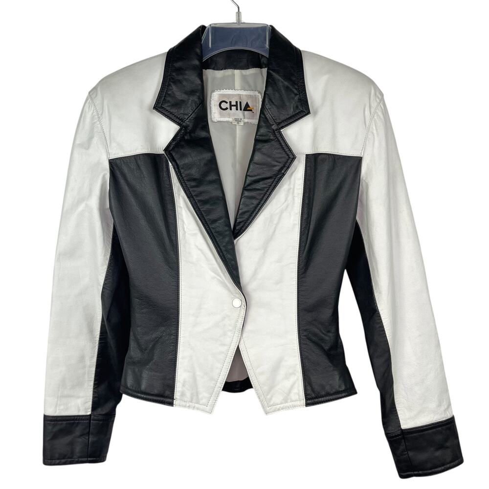 Chia Vintage 80's Leather Cropped Jacket Blazer Black White Moto Biker Women's S